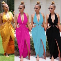 Fashion Sexy Halter V-neck Open Back Split Irregular Maxi Dress Dresses F190