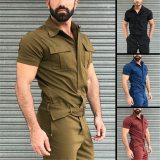 Fashion Overalls Men Short Sleeve  Pure Color Jumpsuit  hy238192