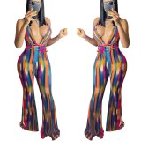 Sexy Colorful Striped Print Tie Dye Lace Up Backless Bodysuit Bodysuits Outfit Outfits YD837081