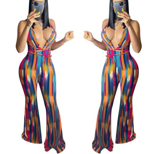 Sexy Colorful Striped Print Tie Dye Lace Up Backless Bodysuit Bodysuits Outfit Outfits YD837081