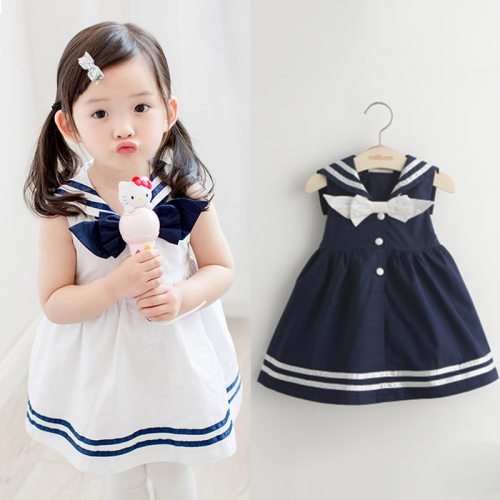 2-10T Years Children Sweet Sleeveless Bow Sailor Collar Navy Dress Dresses