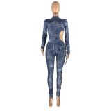 Sexy Bodycon Prnit Long Sleeve Bandage Bodysuit Bodysuits Outfit Outfits