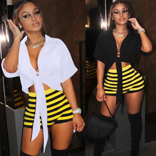 Fashion Lace Up Shirt Crop Tops And Striped Pant Bodysuit Bodysuits Outfit Outfits CL611021