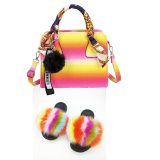 Fashion Furry Slides And Purse Real Fox Fur Rainbow Slippers Slides Sandals TXB-029310