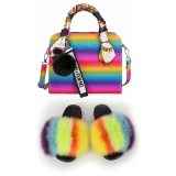 Fashion Furry Slides And Purse Real Fox Fur Rainbow Slippers Slides Sandals TXB-029310