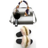 Fashion Furry Slides And Purse Real Fox Fur Rainbow Slippers Slides Sandals TXB-029310