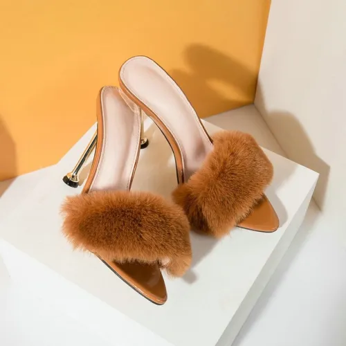 Fashion Open Toe Solid Color Metal Plating  Rabbit Fur Slippers Slides Sandals 76910-67