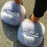 Fashion Fox Fur Leather Slippers Slides Sandals