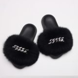 Fashion Fox Fur Leather Slippers Slides Sandals