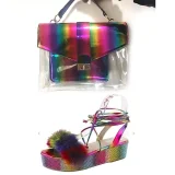 Fashion Faux Fur Slides and Jelly Rainbow Bags Set Sandal Sandals Slides