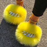 Fashion Fox Fur Leather Slippers Slides Sandals