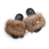 Fashion Fox Fur Leather Slippers Slides Sandals