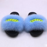 Fashion Fox Fur Fluffy Emerald Chain Furry Slippers Slides Sandal