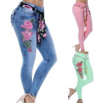 Plus Size Embroidery Flower Elastic Pencil Jeans Pant Pants 6110