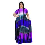 Fashion O Neck Tie Dye Print Short Sleeve Crop Top And Maxi Dress Dresses YT3276