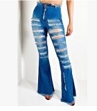 Sexy Hole Ripped Flare High Waist Wide Leg Jeans Pant Pants