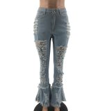 Fashion Ripped Flare Pencil  Long Denim Jeans Pant Pants A206