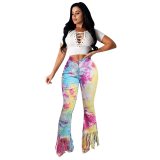 Sexy Skinny High Waist Tassel Flare Style Tie Dye Print Jeans Pant Pants H8917