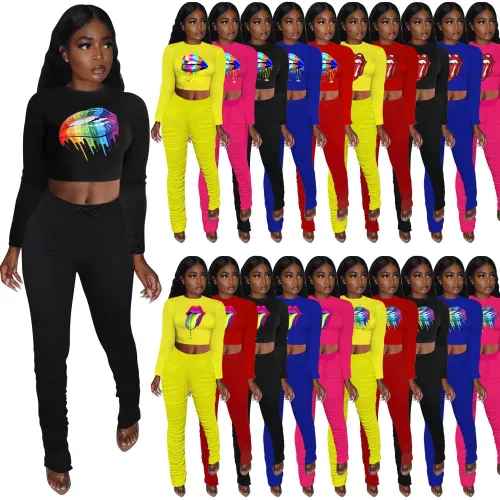 Fashion Casual Lips Print O Neck Bodysuit Bodysuits Outfit Outfits TP043S-046S