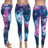 Plus Size Fashion Tie Dye High Waist Denim Pencil  Jeans Pant Pants S3844