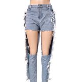 Fashion Sexy New Style  Long JeansTassels Leisure Ripped Holes Trouser Jeans Pant Pants T240