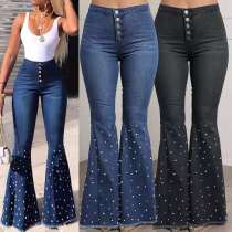 Beaded  Flare High Waist Elastic Skinny  Wide Leg Plus Size Jeans Pant Pants 861