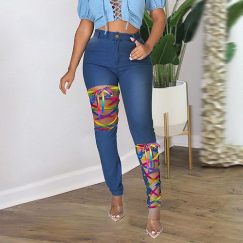 Fashion Sexy High Waist Wide Leg Bandage Tide Jeans Pant Pants PT8942