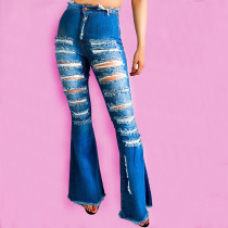 Sexy Hole Ripped Flare High Waist Wide Leg Jeans Pant Pants