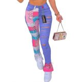 Sexy Hole Patchwork Print Mid Waist Bodycon Jeans Pant Pants L9050