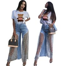 Sexy Personality  Five-pointed Star Mesh Stitching Wide-leg High Waist Jeans Pant Pants K243041