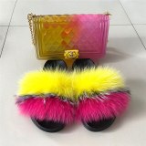 Women Fox Fur Rainbow  Fur Slipper Slippers Slide Slides And Handbags TXB-003