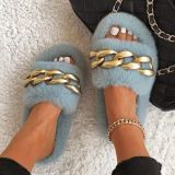 Fashion Round-to Emetal Chain Flat-heeled Plush Slippers Slides Sandals 22