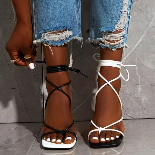 Mixed Color Narrow Band  Clip Open Toe Thin Cross Ankle Strap Lace Up Sandal Sandals Slides 636-41