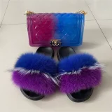 Women Fox Fur Rainbow  Fur Slipper Slippers Slide Slides And Handbags TXB-003