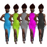 Sexy Neon Color Side High Split   Sleeveless High Necked Bodycon Dress Dresses 211627