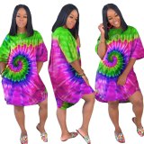 Fashion Sexy Tie Dye Printing Round Neck Dress Dresses H1203