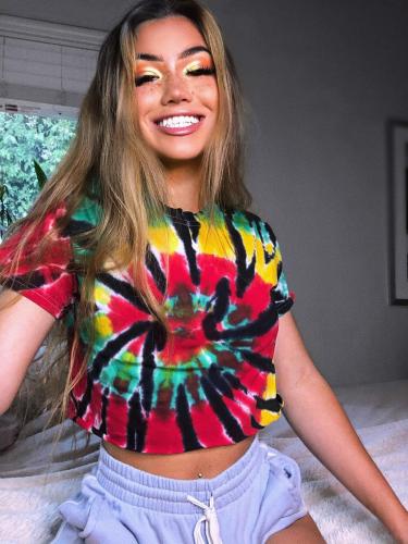 Fashion Tie Dye Print O-Neck Tees Cropped Tops 1547