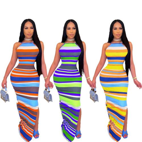 Sexy Striped Print sling Backless Dress Dresses CY1332