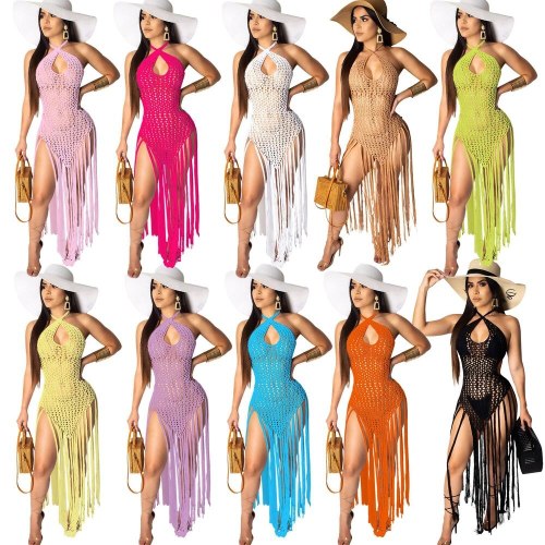 Sexy Crochet Fishnet Hollow Out Neck Tassels Spliced Dress Dresses AJ406576