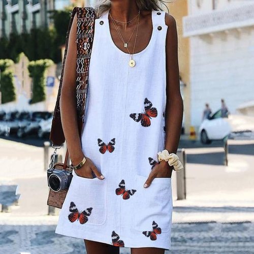 Fashion O-Neck Sleeveless Butterfly Print Tank Dress Cotton And Linen Mini Dress Dresses LWZ902233