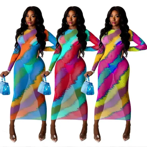Fashion Sexy Printing For Girls Mesh See Through Dress Dresses  K990314