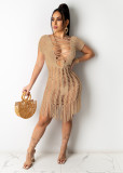 Sexy Hollow Out O-Neck Solid Fashion Bodycon Hole Bandage Skinny  Tassel Dress Dresses AJ433041