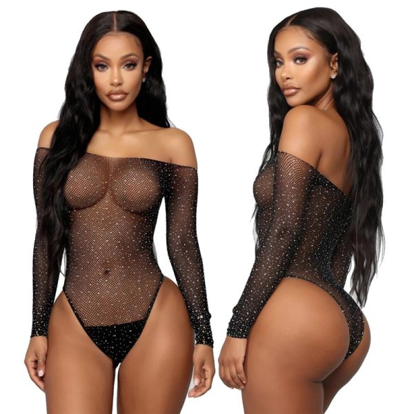 Sexy Fishnet Rhinestone Bodycon Hollow Out Bodysuit Bodysuits Outfit Outfits T1006