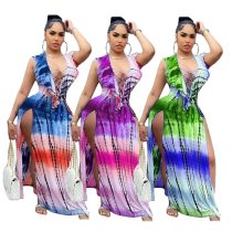 Sexy Women's Clothes Drawstring Cardigan Openwork Printed Split Dress Dresses JR631223