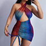 Woman Halter Knitted Colorfull Stripes Printed Backless Hollow out drawstring Dress HY21133