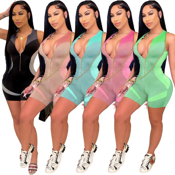 Sexy Solid Color Patchwork Zipper Round Neck Sleeveless Bodysuit Bodysuits Outfit Outfits M7422