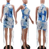 Fashion Tie Dye Print Sleeveless Round Neck Sexy Lace-Up Bodycon Dress Dresses  TK6165