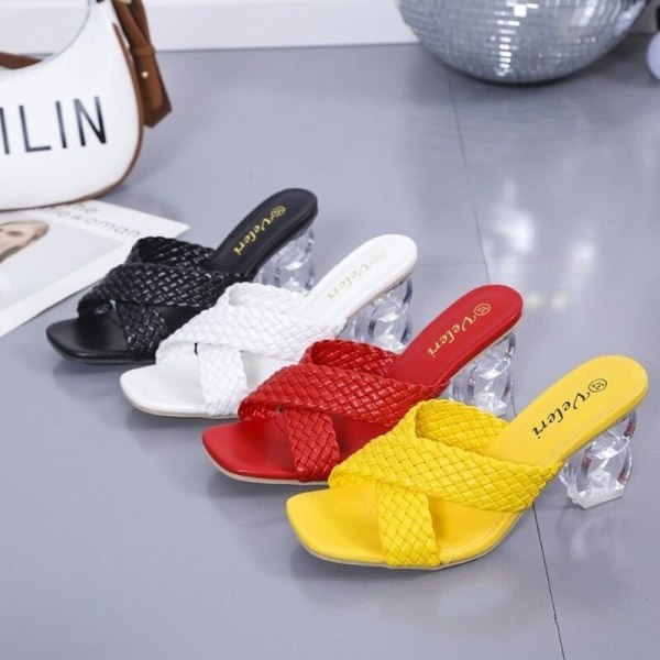 Square Toe Woven  Cross Belt Style Open Toe Slippers Slides Sandals