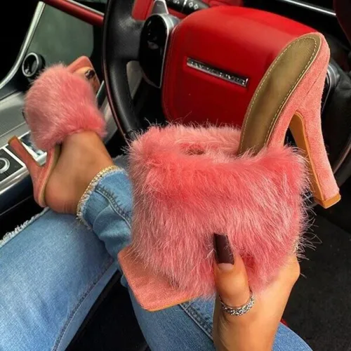 Fashion Fluffy Faux Fur Peep Toe Fur Slipper Slippers Slide Slides   660718