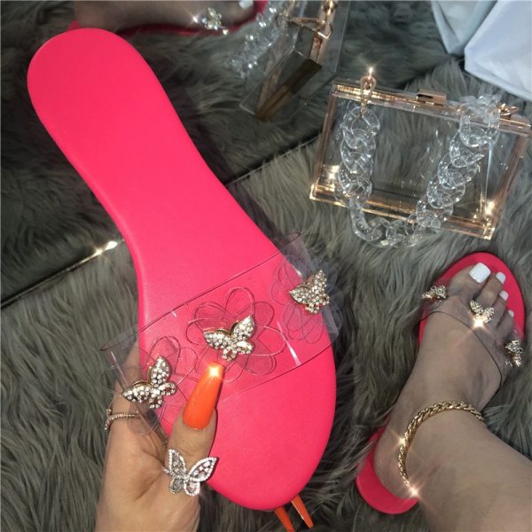 Women Transparent Flower Crystal Butterfly Slippers Slides Sandals H10011